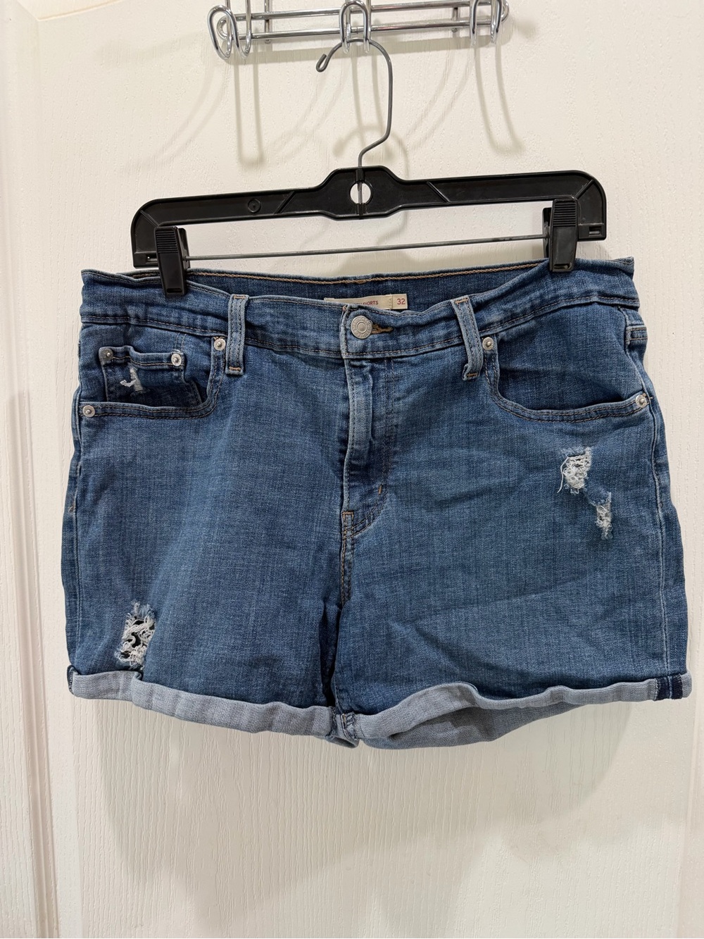 Rolled-Hem Distressed Women’s Denim Shorts - Blue